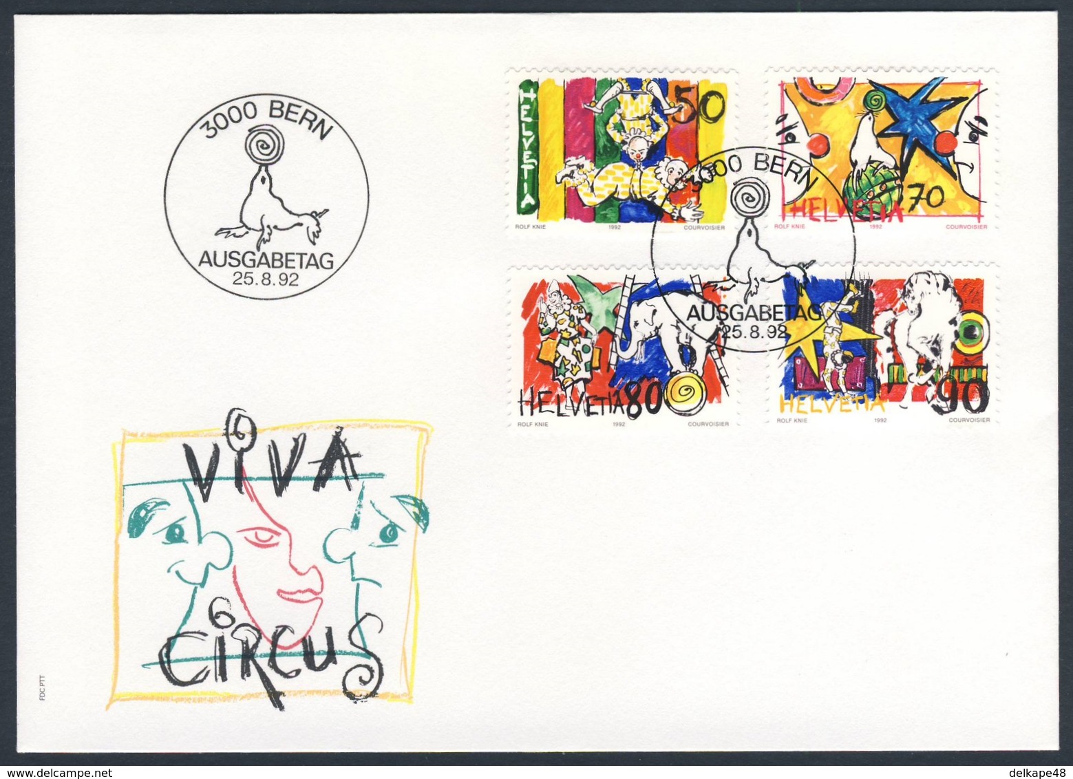 Switzerland Schweiz Suisse 1992 FDC + Mi 1478 /81 Sc 920 /3 - Circus / Zirkuswelt / Cirque : Clowns, Harlequin - Circus