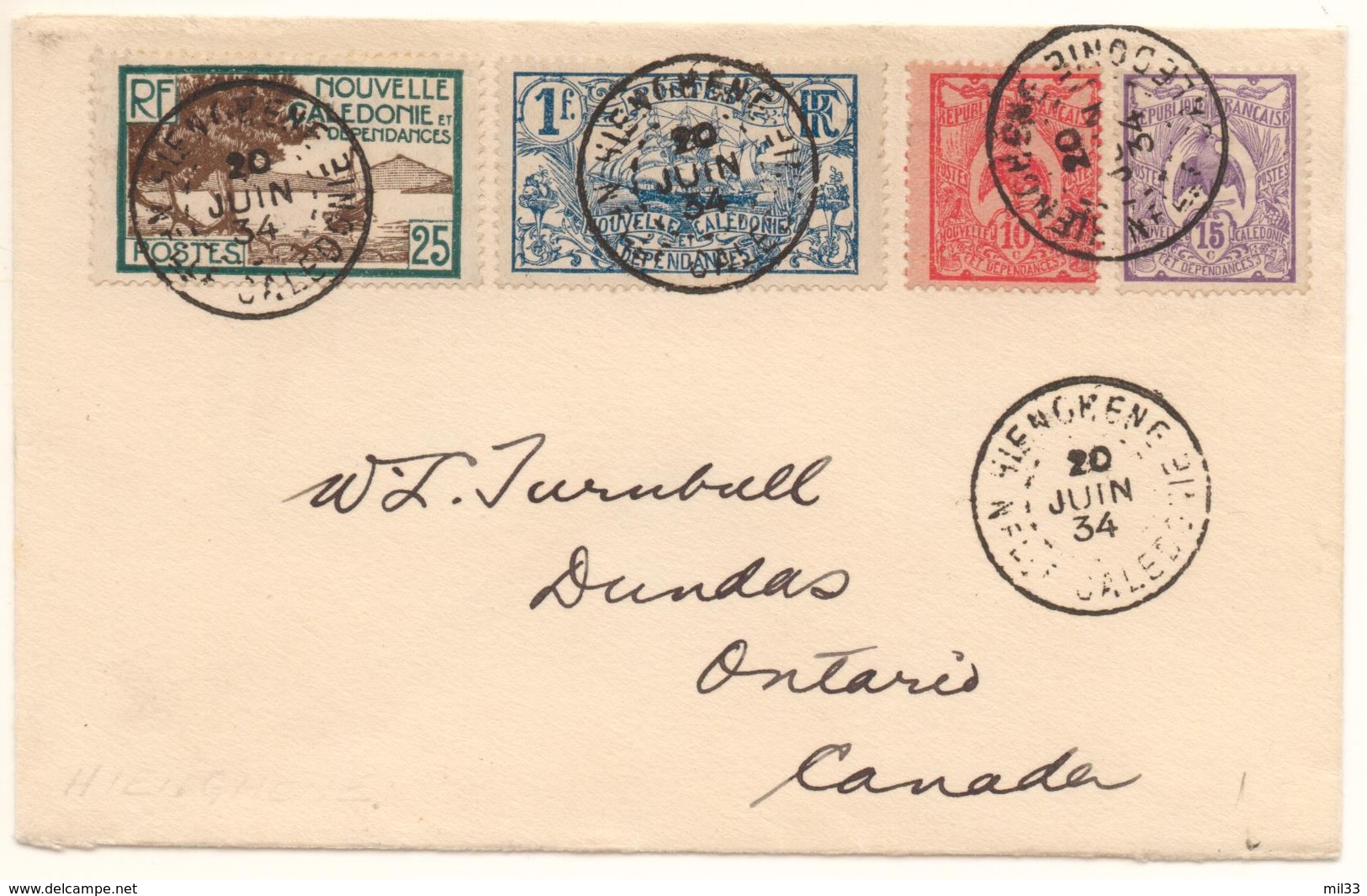 Lettre De Hienghène Pour Le Canada De 1934 Avec 4 T  Dont 1F Voilier Cote Mini 125 €; - Briefe U. Dokumente