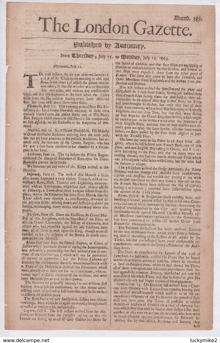 1669 London Gazette, Number 383,  An Almost 350 Year Old, Single Sheet Newspaper.  Ref 0582 - Historical Documents