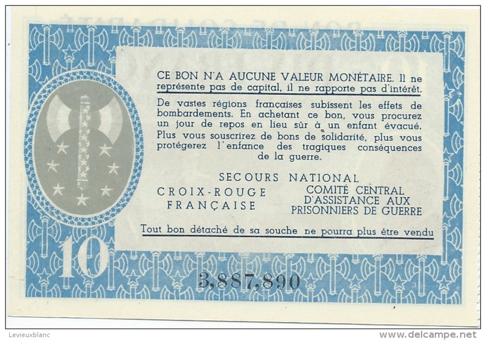 Bon De Solidarité/Dix Francs/ Maréchal PETAIN/Au Profit Des Populations Civiles/1940-1944    BILL139quinto - 1939-45