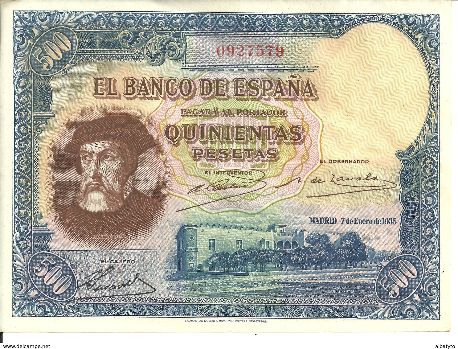 Rare Billete  Billet 500 Pesetas 1935 Hernan Cortes N° 0927579 Quinientas Pesetas Espagne Espana - 500 Pesetas