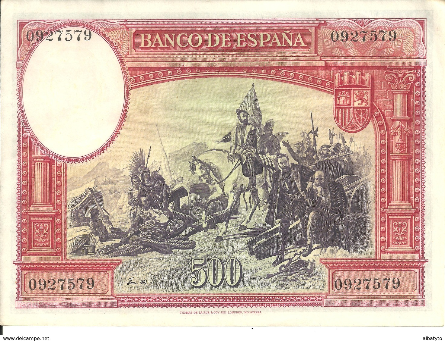 Rare Billete  Billet 500 Pesetas 1935 Hernan Cortes N° 0927579 Quinientas Pesetas Espagne Espana - 500 Pesetas