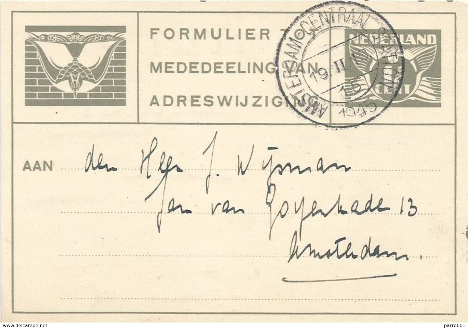 Afkorten Lima helpen Postal Stationery - Nederland Netherlands 1945 Amsterdam change of address  postal stationary card small model