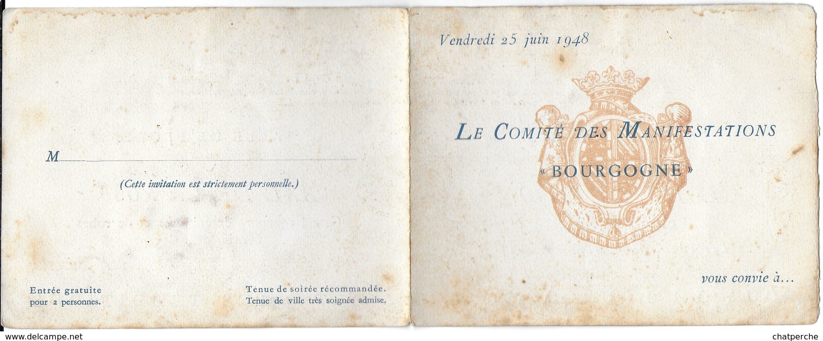 FAIRE-PART INVITATION POUR 2 PERSONNES 25/06/1948 COMITE DES MANIFESTATIONS DE BOURGOGNE NUIT DE LA ROSE A DIJON 21 - Autres & Non Classés