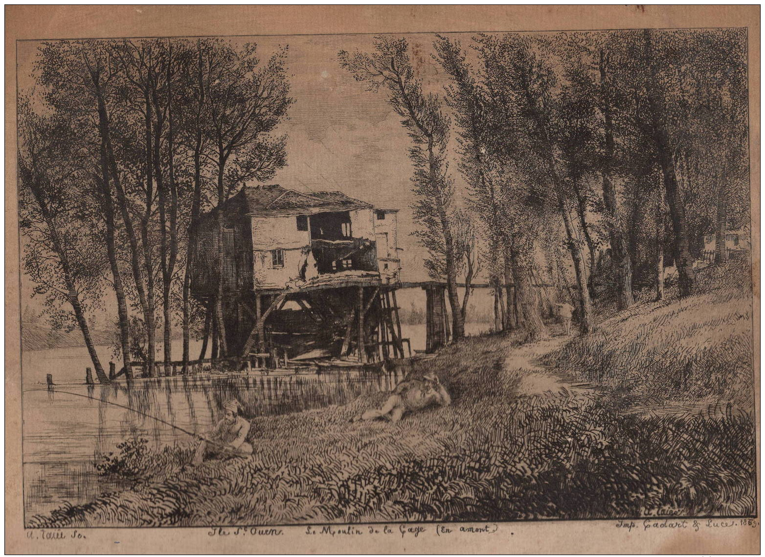 Gennevilliers   Ile St Ouen  Le Moulin De La Cage (en Amont)  Gravure 1869  30x22cm  Collé Sur Cartonnage - Estampas & Grabados