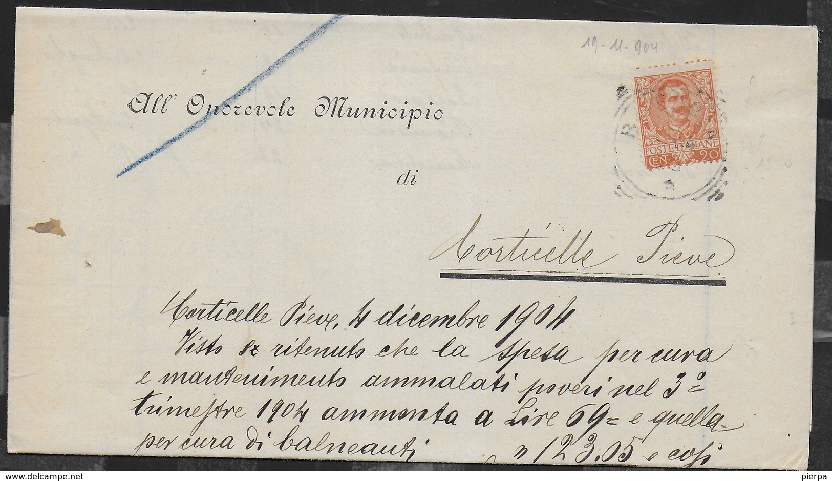 STORIA POSTALE REGNO - ANNULLO TONDO RIQUADRATO BRESCIA 19.11.1904 SU PIEGO PER CORTICELLA PIEVE - Storia Postale