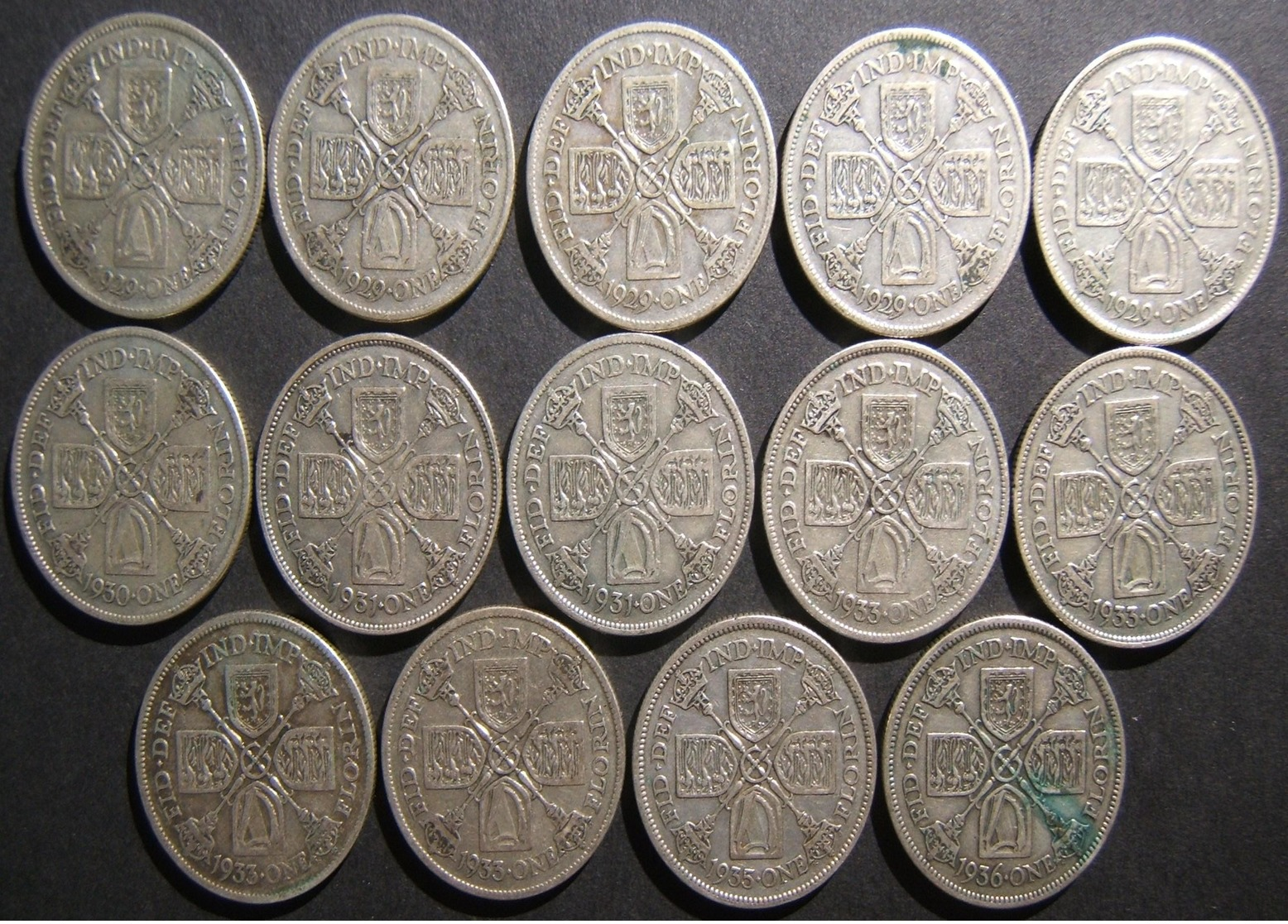 A60063 Great Britain: Lot 14x Silver Florins (2 Shillings), 1928-1936 Series (KM# 834) In VF; 1929 (x5), 1930, 1931 (x2) - Albania