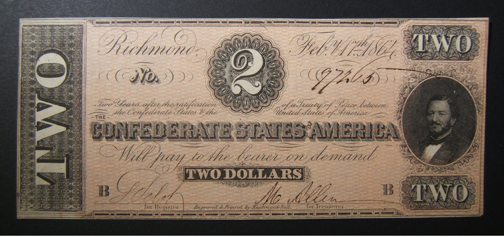 A60428 US > Confederate States Of America: $2 Uniface "Greyback", T70, 7th Series, Dated Feb. 17 1864, With Handwritten  - Israel