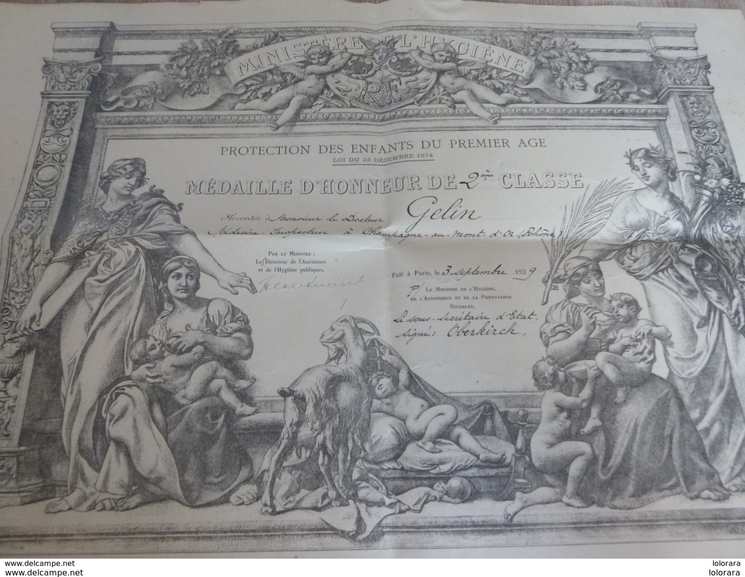 Diplôme Protection Des Enfants 1929 Docteur Gelin Champagne Au Mont D'or Rhône Ministere De L'hygiène Médaille D'honneur - Diplômes & Bulletins Scolaires