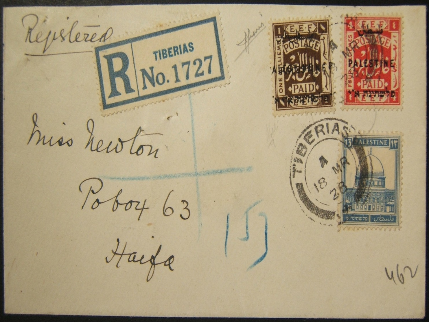 A60864 Mixed Franking With Double Overprint: 18 MR 1928 Registered Cover From TIBERIAS To HAIFA, Franked 18m Per Period  - Palestina