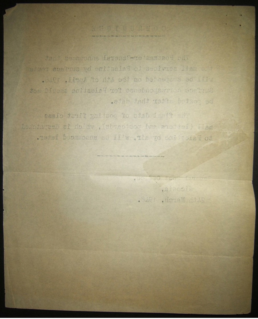 A61018 Mandate Postal Service Wind-down - Original Post Office Notice: Typewritten 24 March 1948 Communique Of The Gener - Other & Unclassified