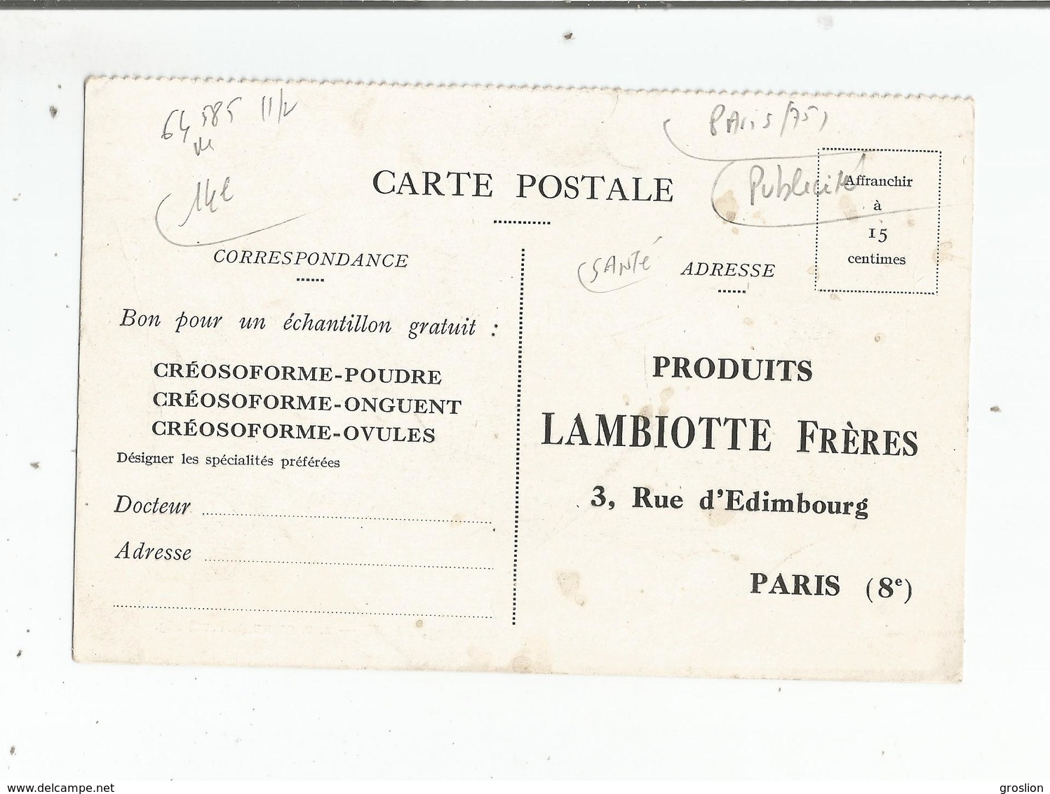 CARTE PUBLICITAIRE DES PRODUITS LAMBIOTTE FRERES PARIS CONDITIONNEMENT DU CRESOFORME (MEDICAMENT) - Santé