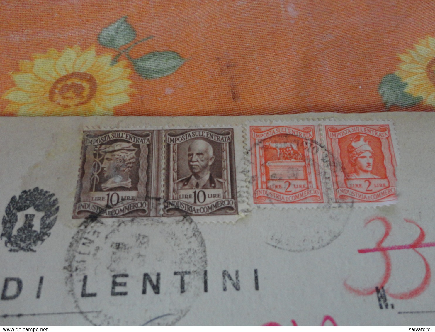 DIRITTI DI SEGRETERIA COMUNE LENTINI-COPPIA 1 LIRA SOPRASTAMPATI LIRE 10 + 25 LIRE+ ALTRI 4 SU DOCUMENTO-1947 - Fiscali