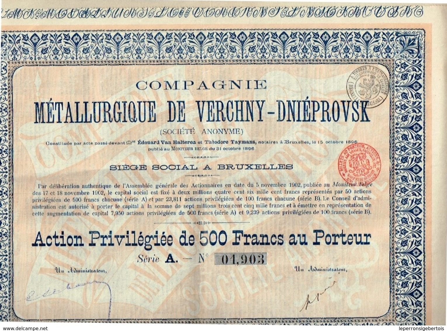 Action Ancienne - Compagnie Métallurgique De Verchny-Dniéprovsk - Titre De 1902 N° 01903 - Russie