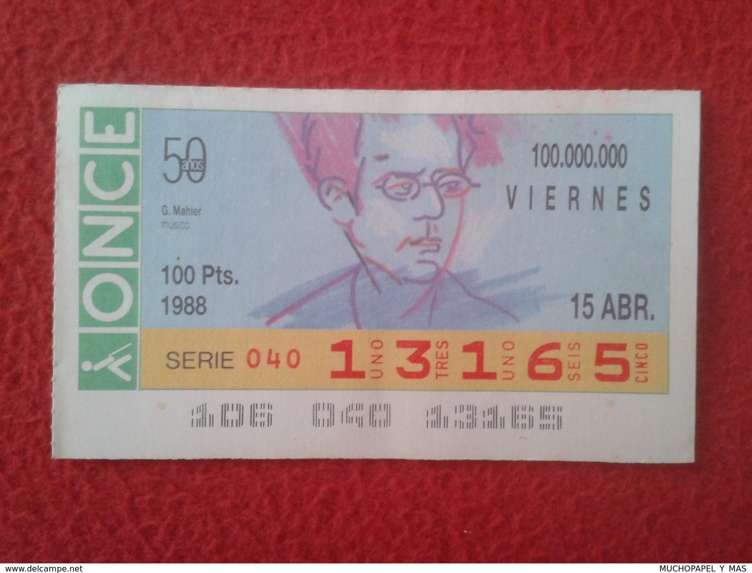 CUPÓN DE LA ONCE SPANISH LOTERY CIEGOS SPAIN LOTERÍA ESPAÑA BLIND 1988 MÚSICO MÚSICA CLÁSICA MUSIC GUSTAV MALHER VER FOT - Lottery Tickets