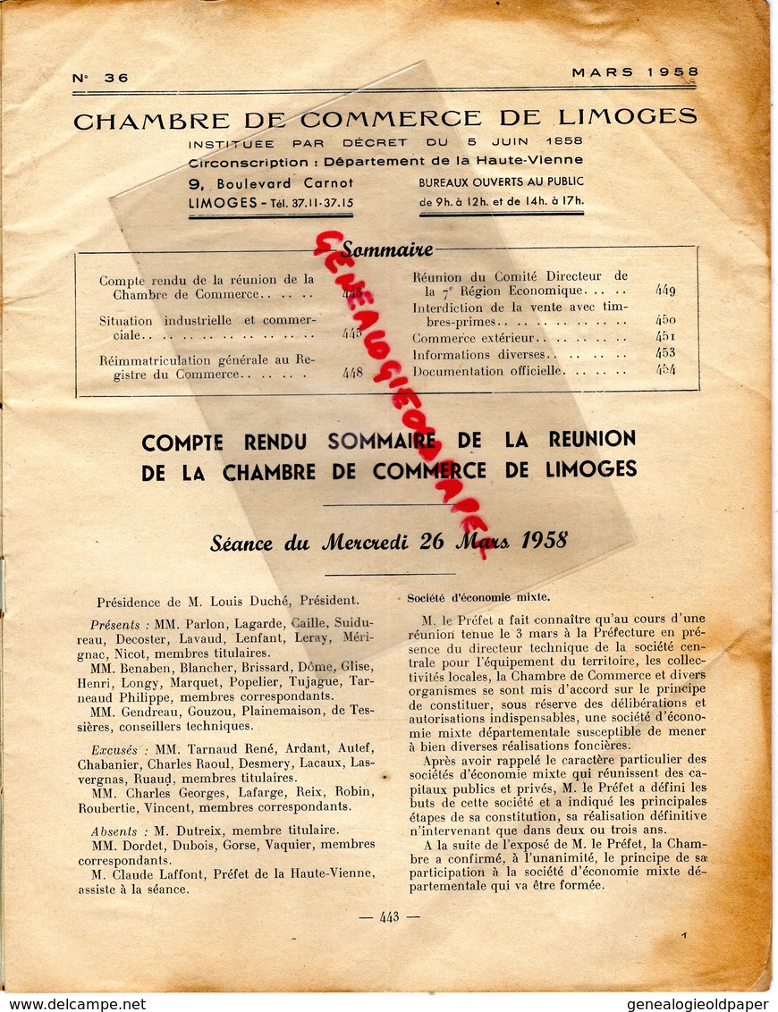 87- LIMOGES- BULLETIN MENSUEL CHAMBRE COMMERCE -MARS 1958- LOUIS DUCHE-CAMILLE PARLON-JEAN LAGARDE-RENE TARANUD - Limousin