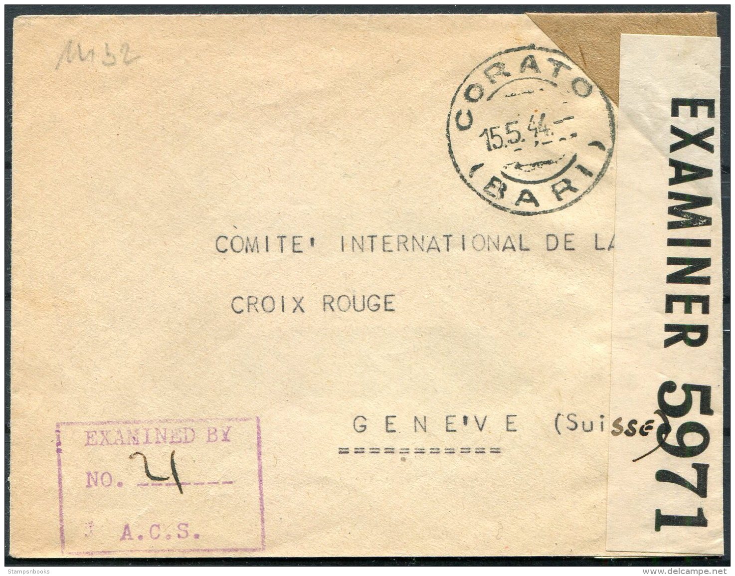 1944 Italy Corato Bari Censor Cover - Red Cross, Geneva Switzerland - Marcophilia