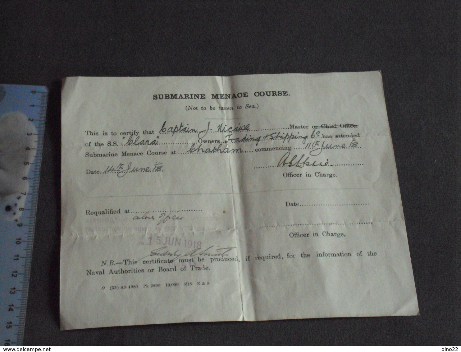 CHATHAM-15/6/1918-CERTIFICATE SUBMARINE MENACE COURSE - Captain J.NICAISE, S.S. CLARA, Trading Shipping C° - 1914-18