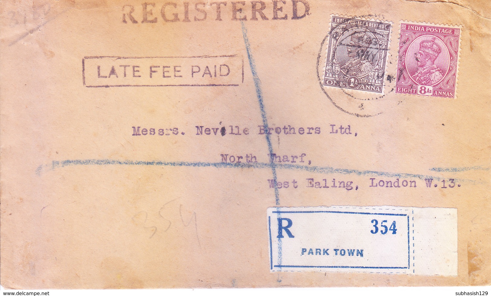 BRITISH INDIA : REGISTERED COMMERCIAL COVER POSTED FROM PARK TOWN FOR LONDON : LATE FEE PAID MARKING - 1911-35  George V