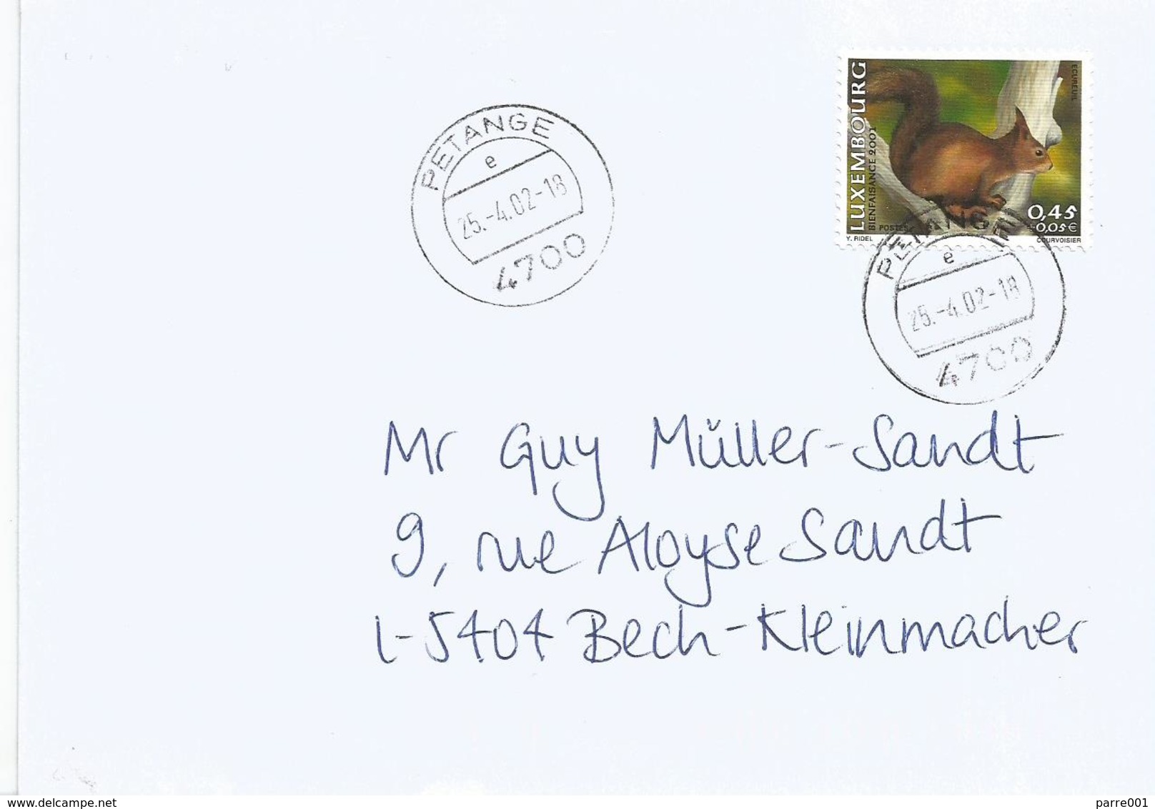 Luxembourg 2002 Petange Squirel Surtaxe Stamp Domestic Cover - Rodents