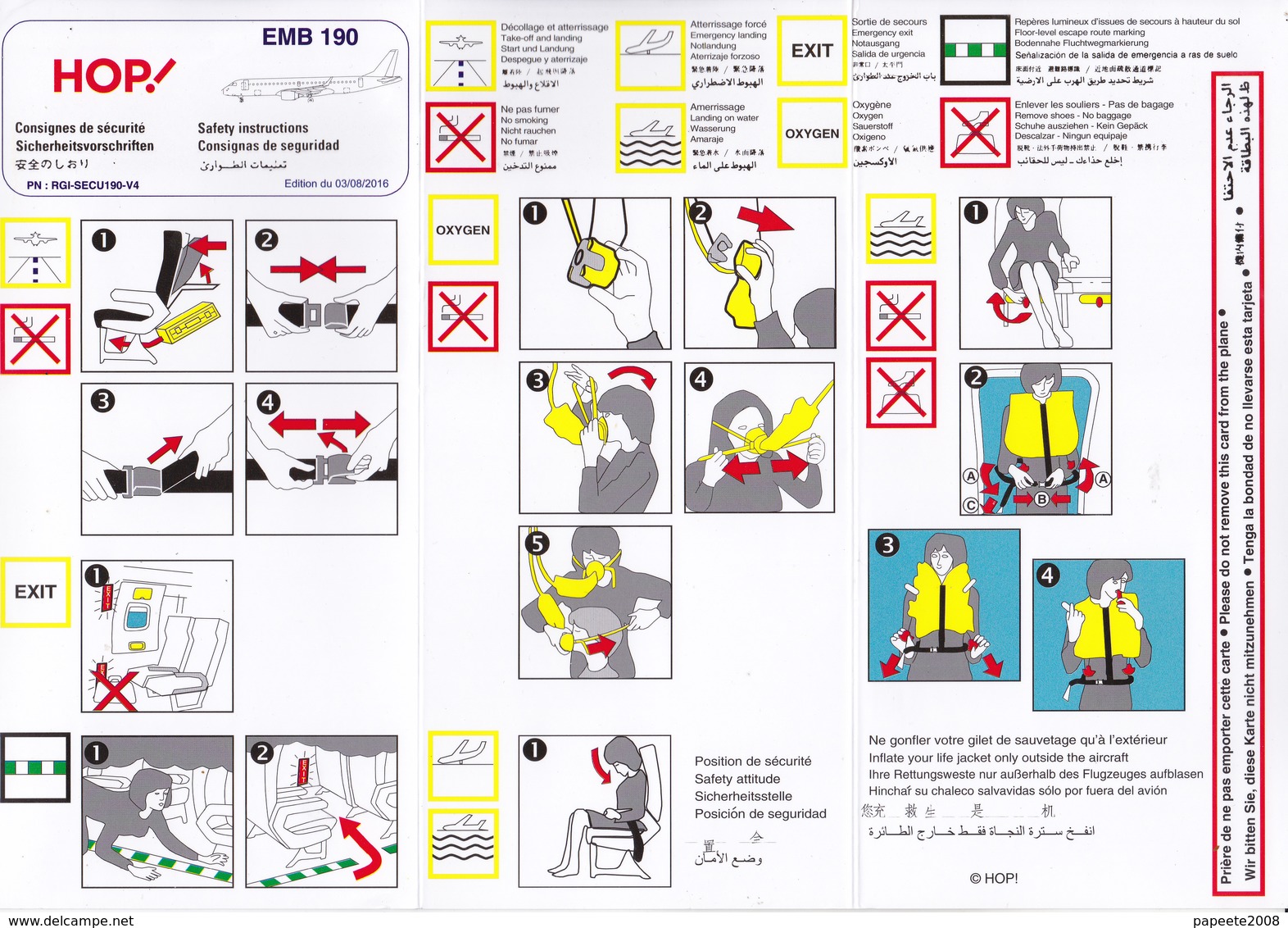 HOP ! Régional - EMB 190 / Consignes De Sécurité / Safety Card - Veiligheidskaarten