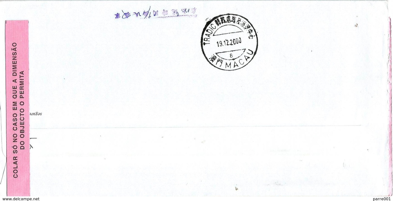 Macau 2000 Lisbon Meter Franking Postage Paid Unfranked Registered AR Cover - Cartas & Documentos