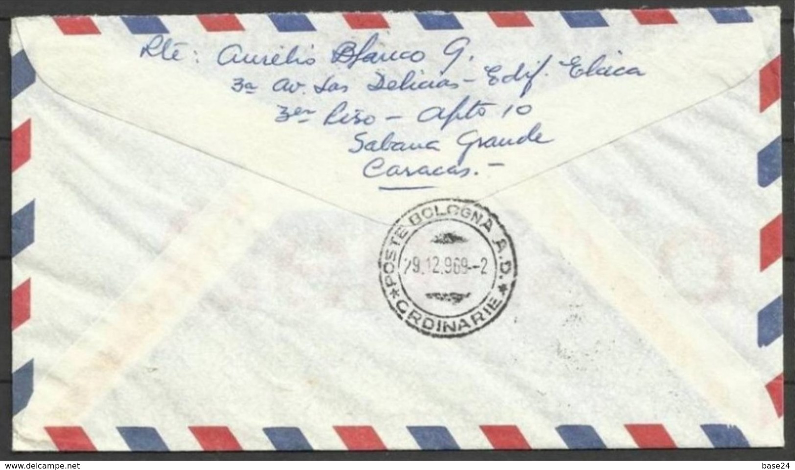 1969 Venezuela STORIA POSTALE Busta CARACAS  BOLOGNA Viaggiata Aerea, Air Mail - Venezuela