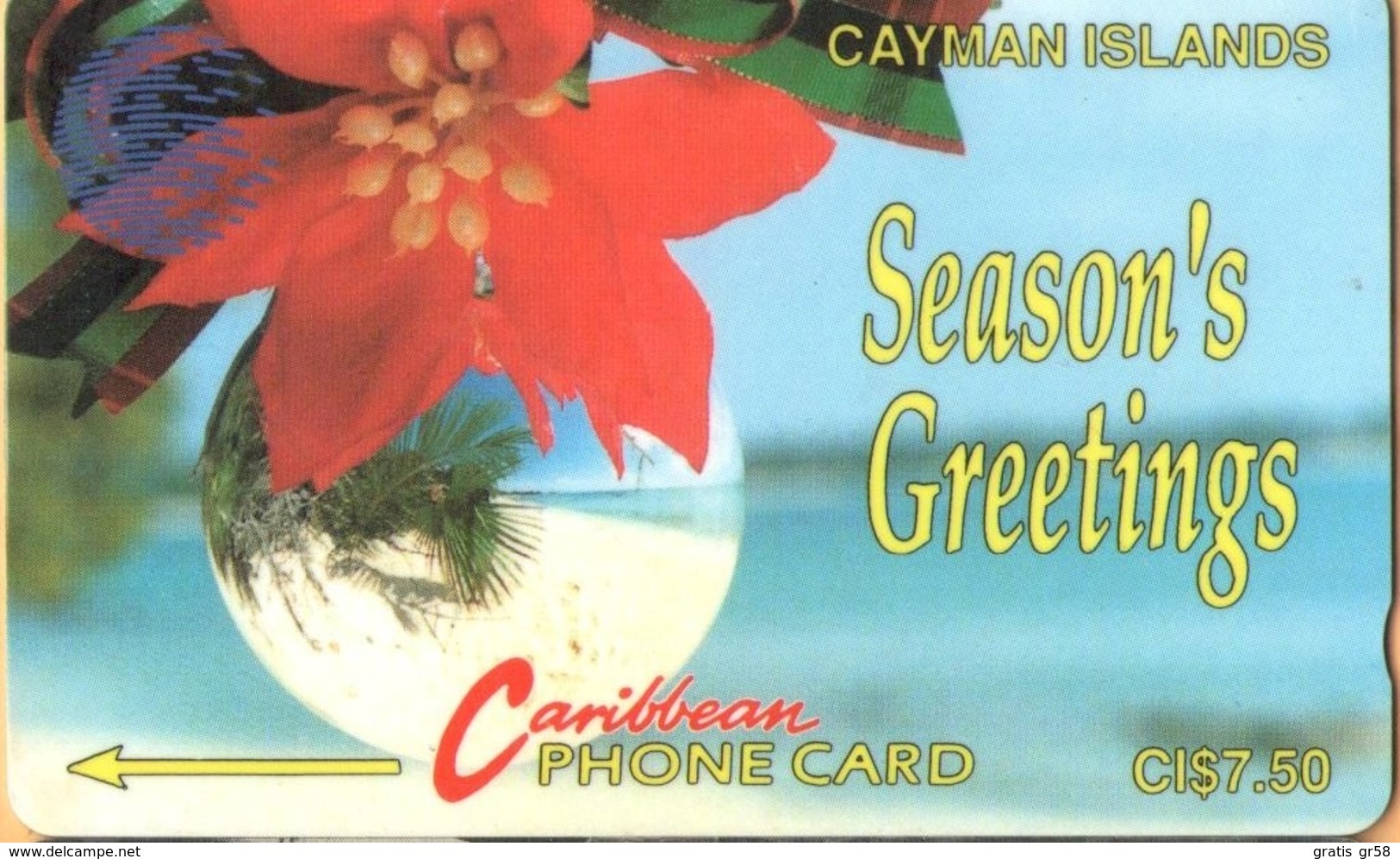 Cayman Island - CAY-4A, GPT, 4CCIA, Seasons Greetings (Blue New Logo), Christmas, 7.50 $, 10.000ex, 1992, Used - Isole Caiman