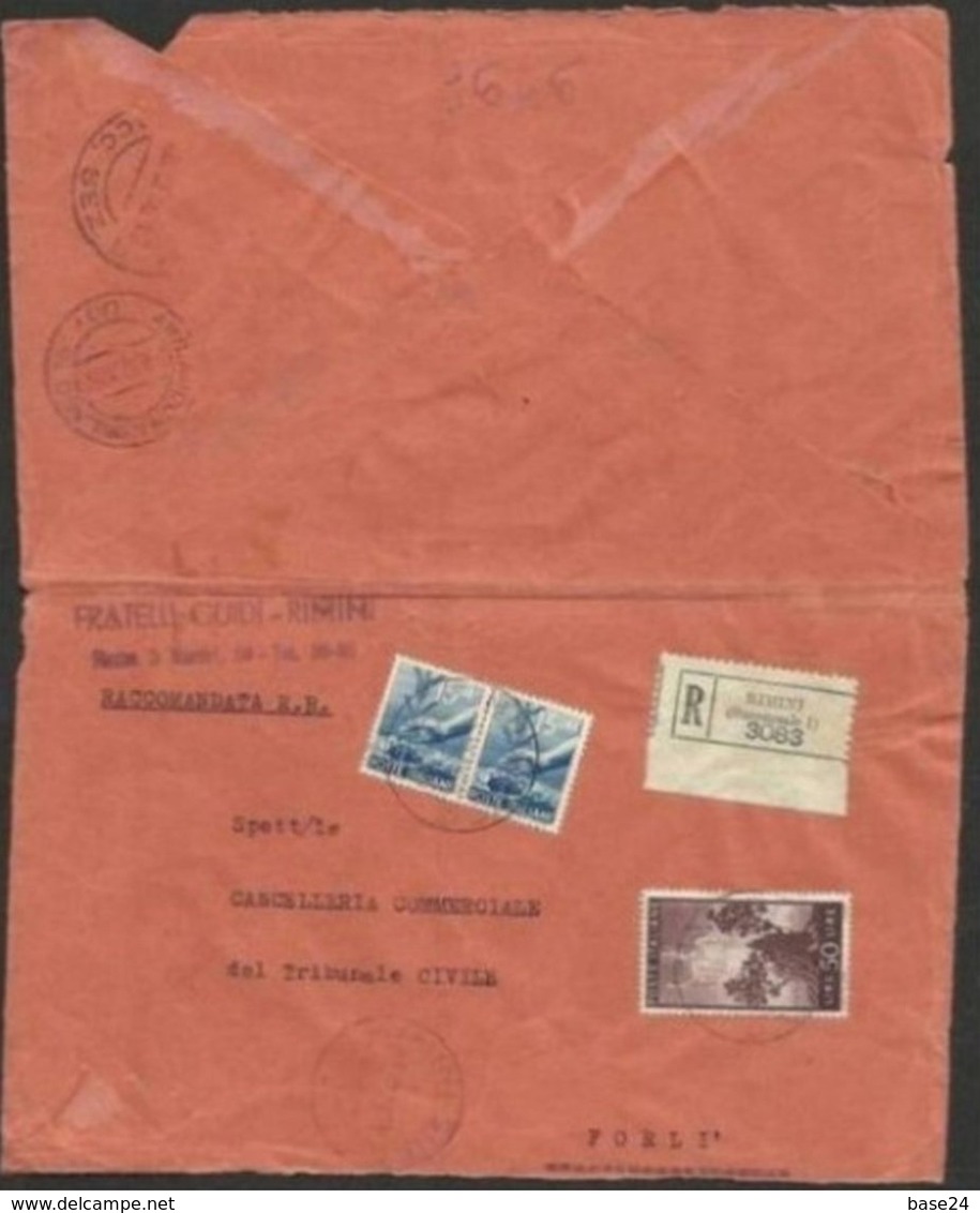 1951 Italia Italy Repubblica STORIA POSTALE Busta Viaggiata 2 Volte: 2 Diverse Racc. RIMINI FORLI' R/RR - 1946-60: Storia Postale