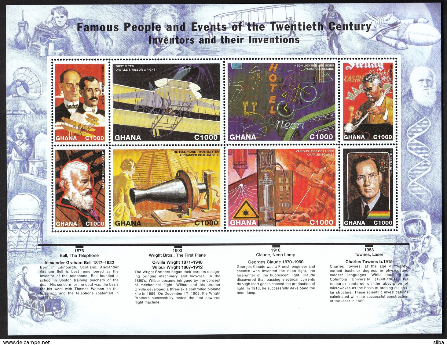 Ghana / Bell, Telephone / Wright, First Plane / Claude, Neon Lamp / Townes, Laser / Mi 2843-2850 / MNH - Sonstige & Ohne Zuordnung