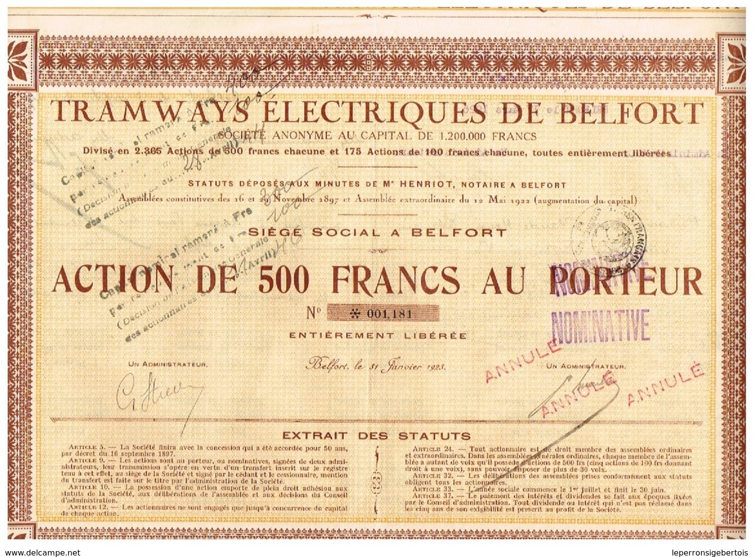 Action Ancienne - Tramways Electriques De Belfort - Titre De 1923 - N° 001181 - Spoorwegen En Trams
