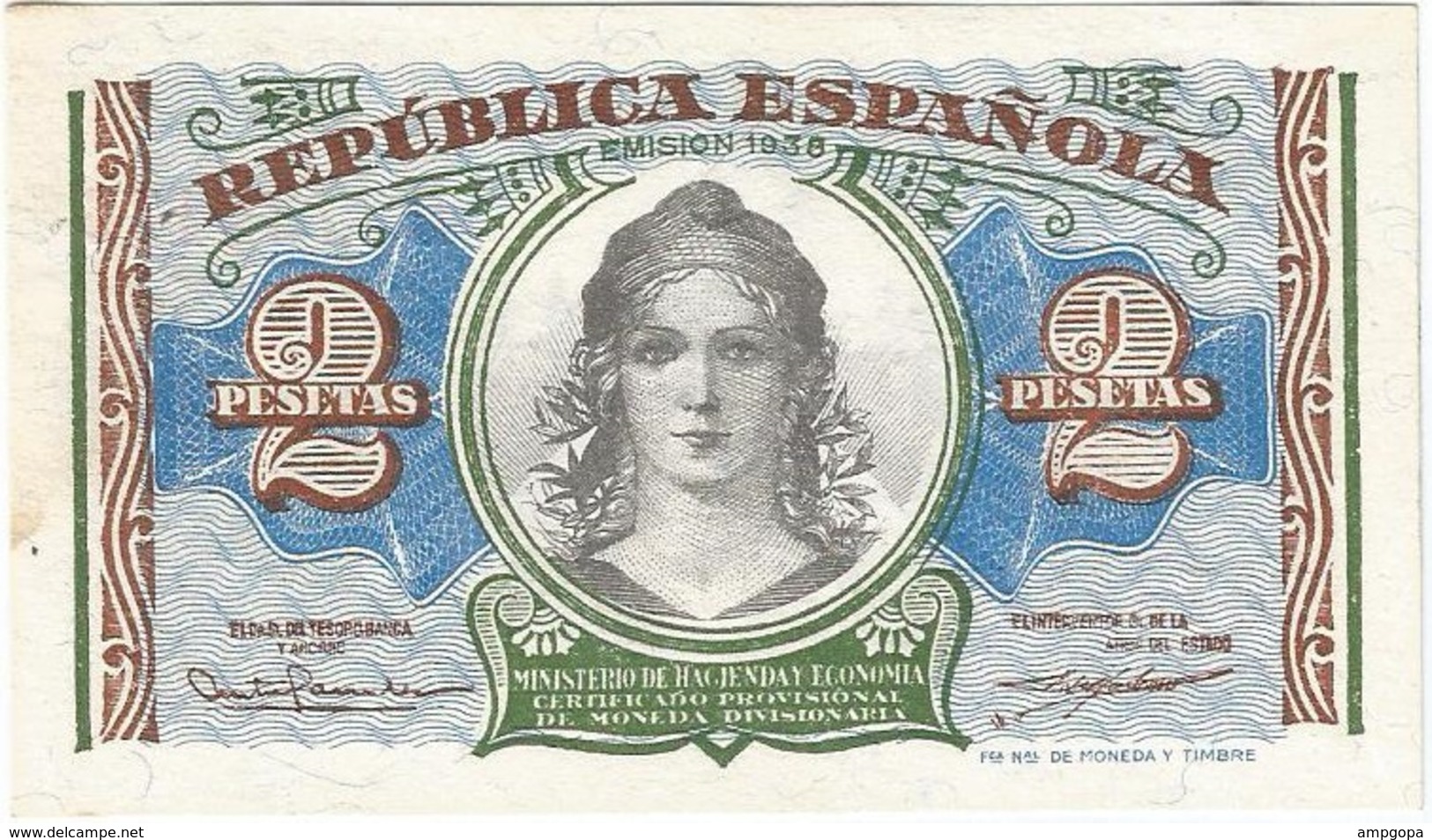 España - Spain 2 Pesetas 1938 Pick 95 UNC Ref 1421-1 - 1-2 Pesetas