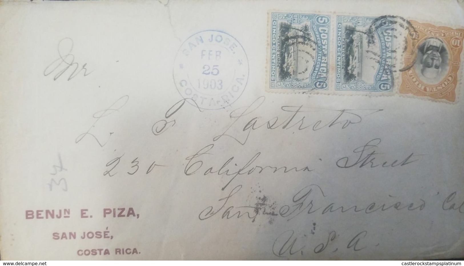 O) 1903 COSTA RICA, VIEW OF PORT LIMON SCT 47 5c - BRAULIO CARILLO -BRANLIO SCOTT 48 10c - BENJ  TO USA - Costa Rica