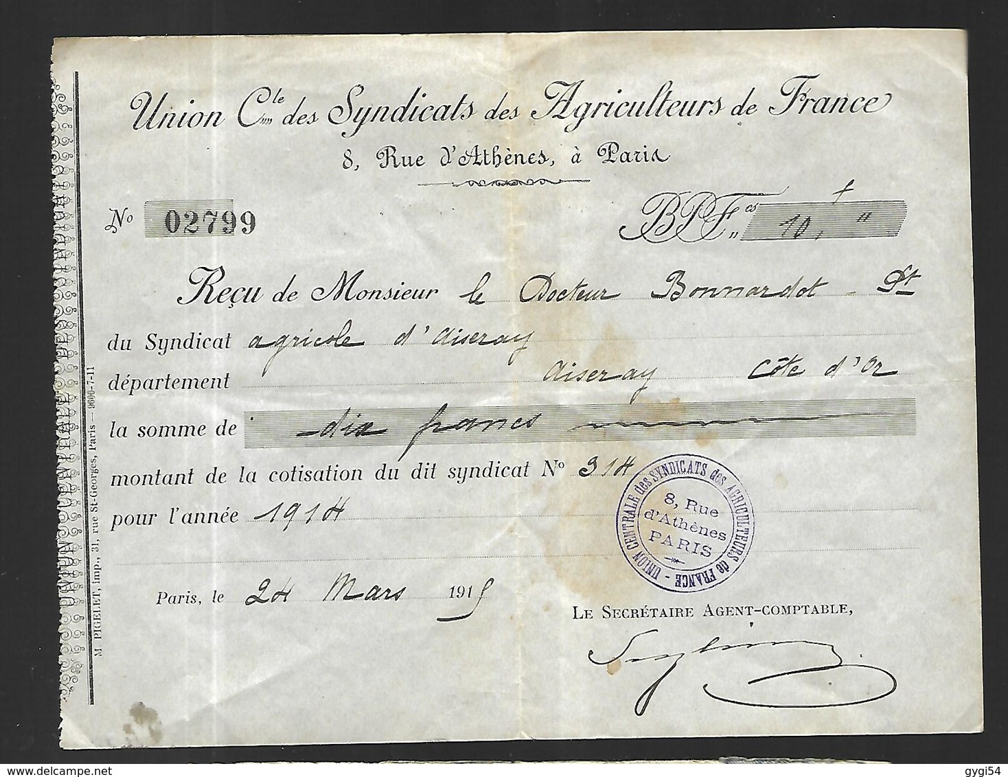 Reçu De L' Union Des Syndicats Des Agriculteurs 24 Mars 1915 - Unclassified