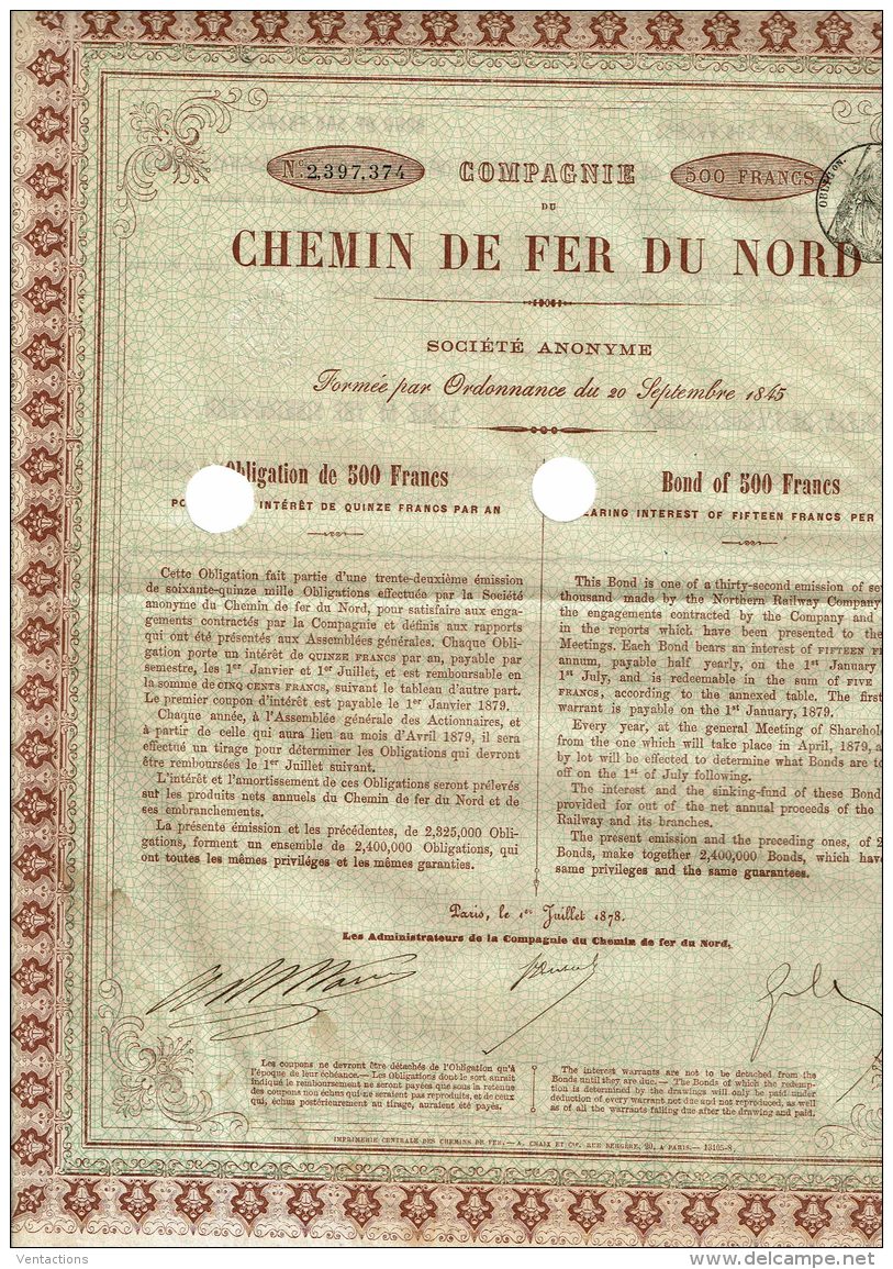 59-CHEMIN DE FER DU NORD. Oblig 1878 De 500 F. - Other & Unclassified