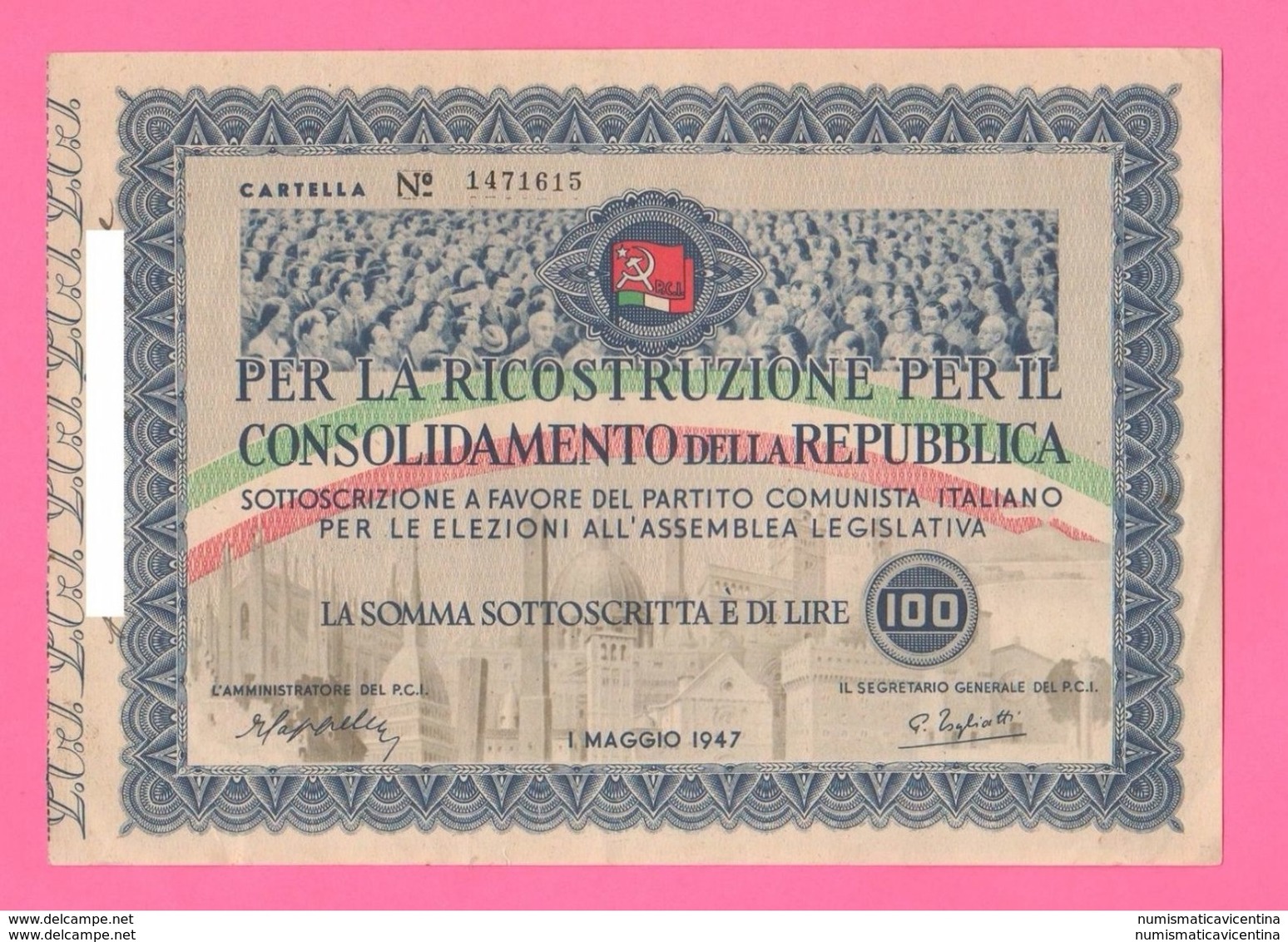 Buono Lire 100 PCI Maggio 1947 Lotteria Titolo Provvisorio Partito Comunista - Altri & Non Classificati