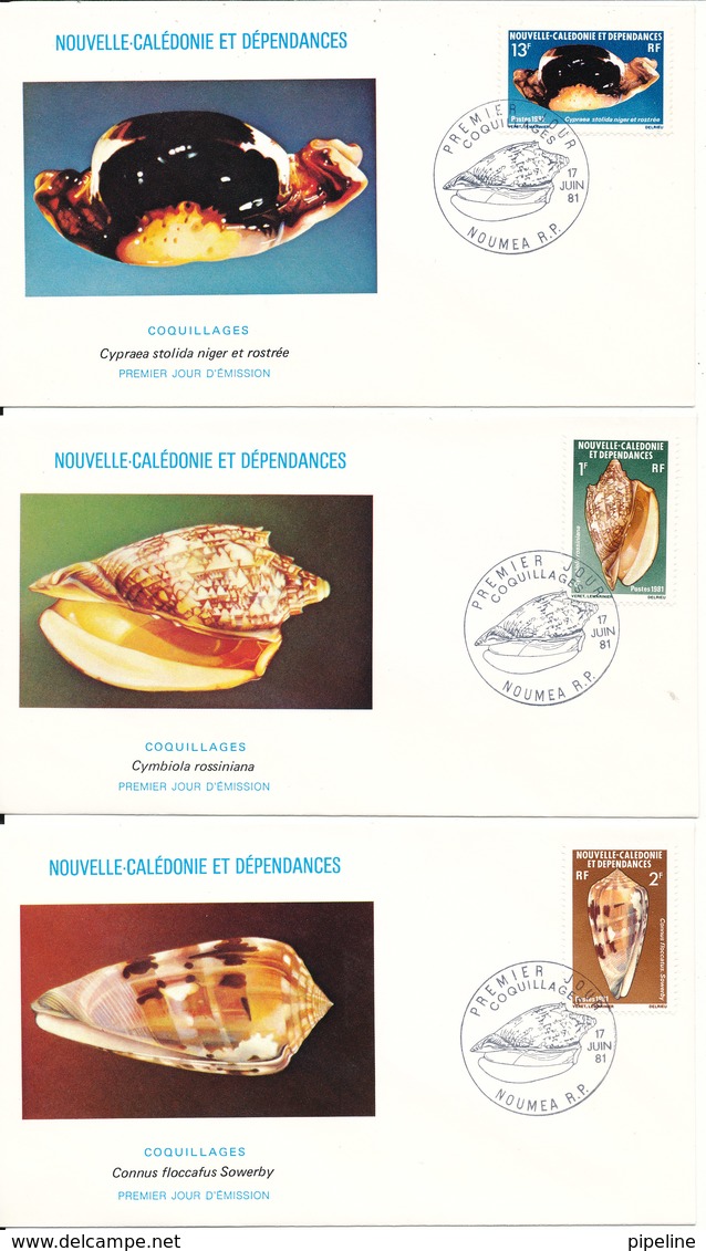 New Caledonia FDC 17-6-1981 SHELLS Complete Set Of 3 On 3 Covers With Cachet - FDC