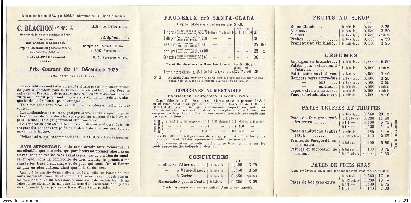 Tarif 1925 Prunes D' ENTE D' AGEN Camille Blachon à EYMET + Enveloppe - Alimentaire