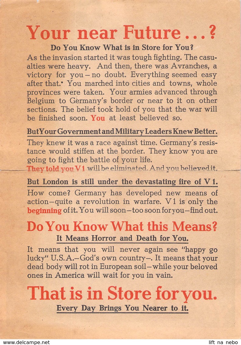 WWII WW2 German Propaganda Leaflet Tract Flugblatt, YOUR NEAR FUTURE?, FREE SHIPPING WORLDWIDE - Zonder Classificatie