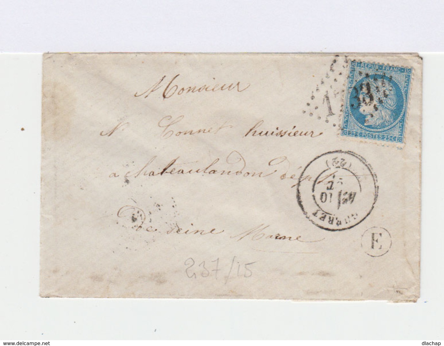 Sur Enveloppe 25 C. Cérès Bleu. Oblitération Losange Gros Chiffres. Cachet à Date Gueret. (610) - 1849-1876: Période Classique