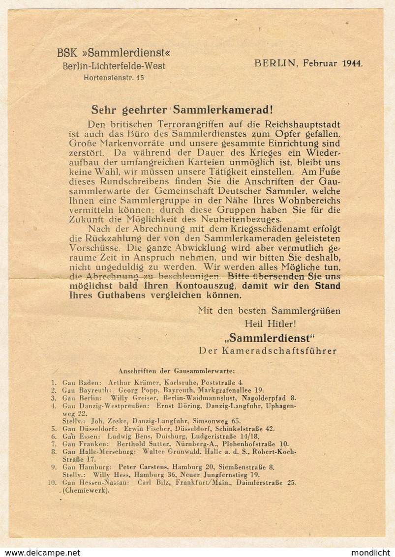 BSK "Sammlerdienst" - Rundschreiben Februar 1944. - Sonstige & Ohne Zuordnung