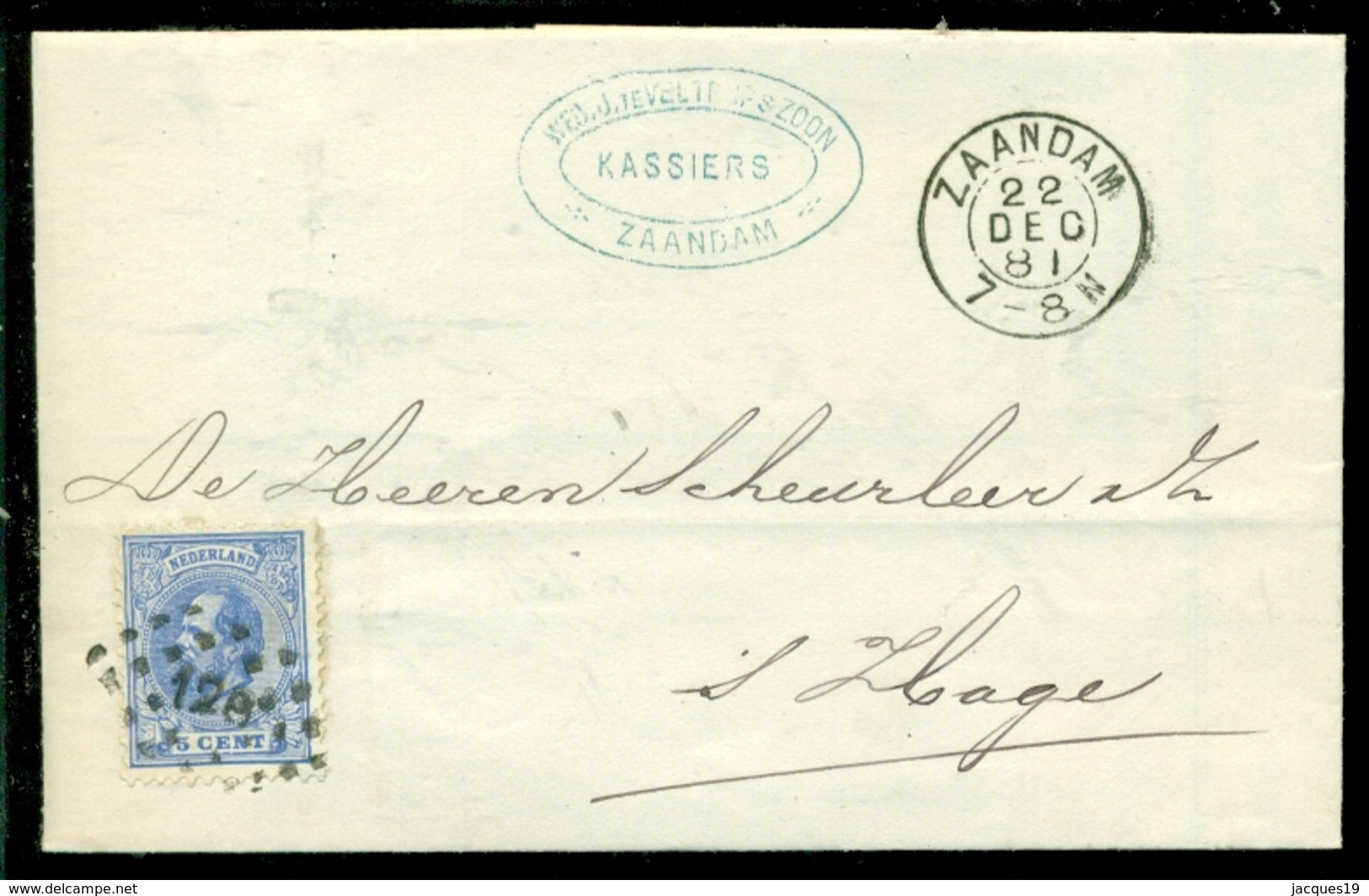 Nederland 1881 Brief Verzonden Uit Zaandam Met Zegel NVPH 19 Met Ontvangststempels En Kastje B50 - Lettres & Documents