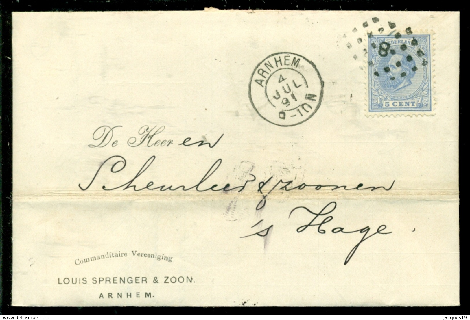 Nederland 1891 Brief Verzonden Uit Arnhem Met Zegel NVPH 19 Met Ontvangststempels En Kastje B12 - Lettres & Documents