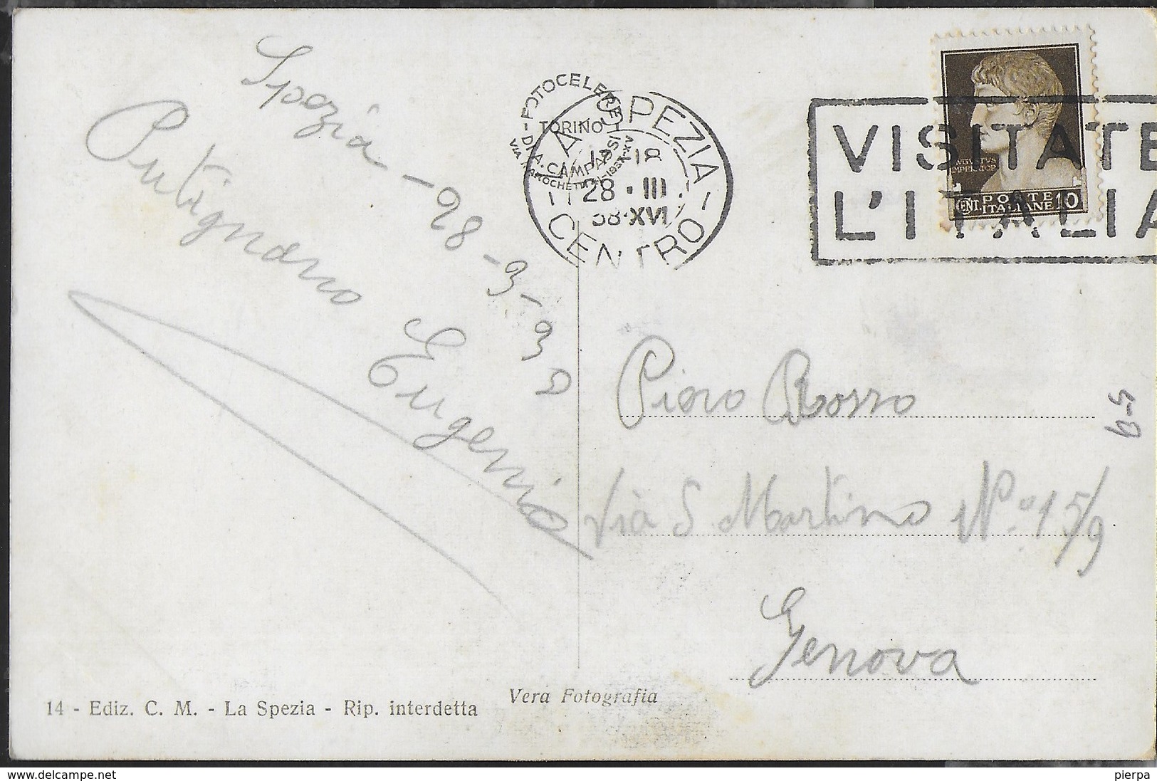 PALAZZO POSTE E TELEGRAFI  - LA SPEZIA - EDIZ. C.M. - VIAGGIATA 1938 - ANNULLO A TARGHETTA VISITATE L'ITALIA - Poste & Postini