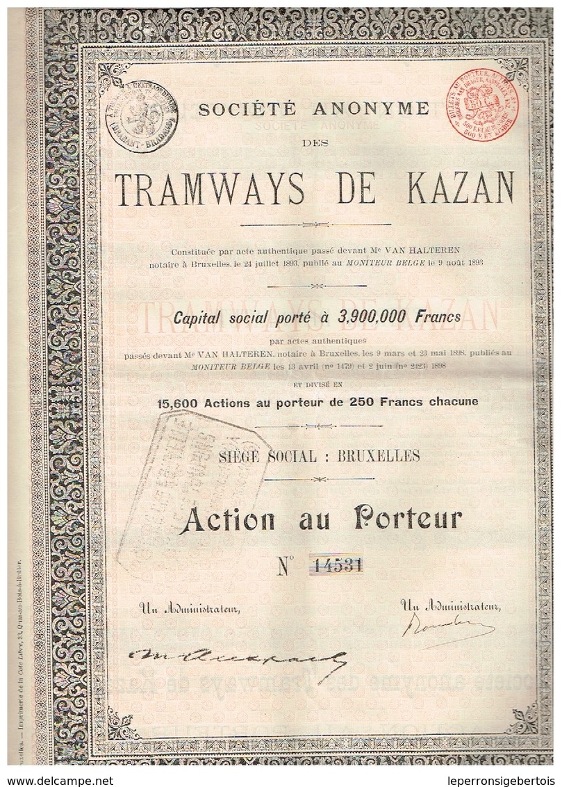 Action Ancienne - Société Anonyme Des Tramways De Kazan - Titre De 1898 - N°14531 - Chemin De Fer & Tramway