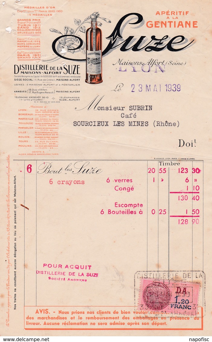 69-Distillerie De La Suze Apéritif à La Gentiane    Lyon (Rhône) 1939 - Kleidung & Textil