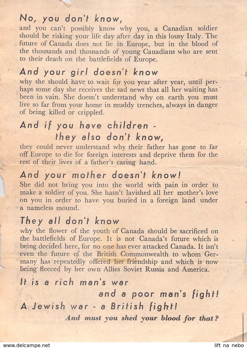 WWII WW2 German Propaganda Leaflet Tract Flugblatt, Code * 365-12-44, Does Mackenzie King Know?,  FREE SHIPPING - Non Classés