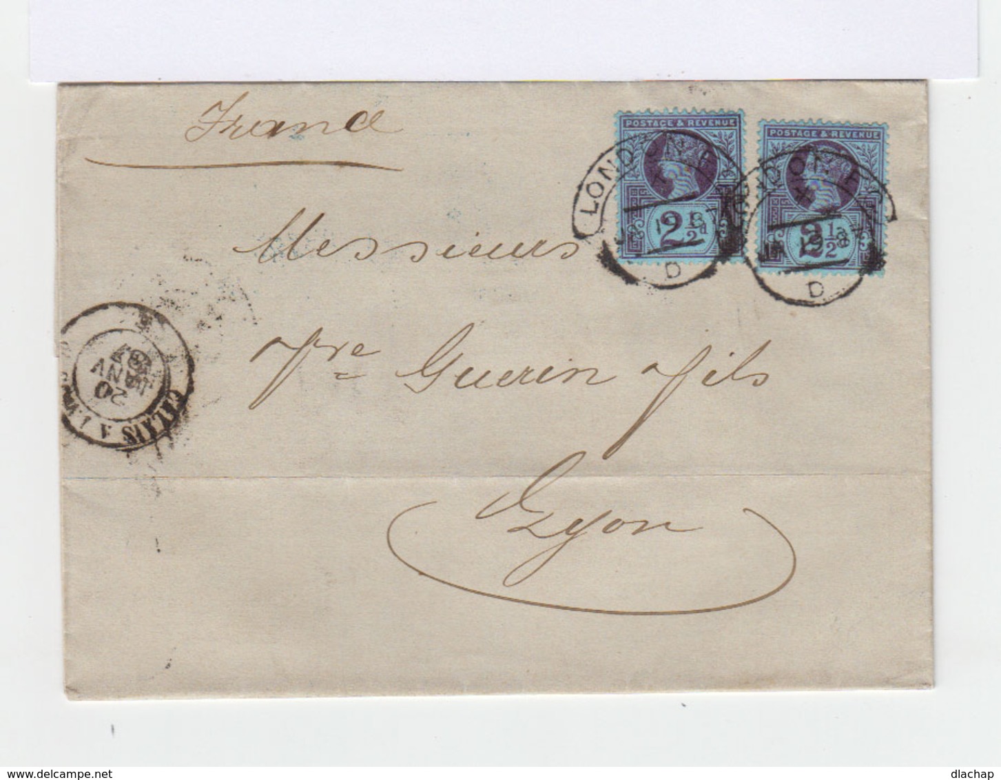 Sur Lettre Deux Timbre Reine Victoria 2,5 D. Oblitération London. 1887. (613) - Marcophilie