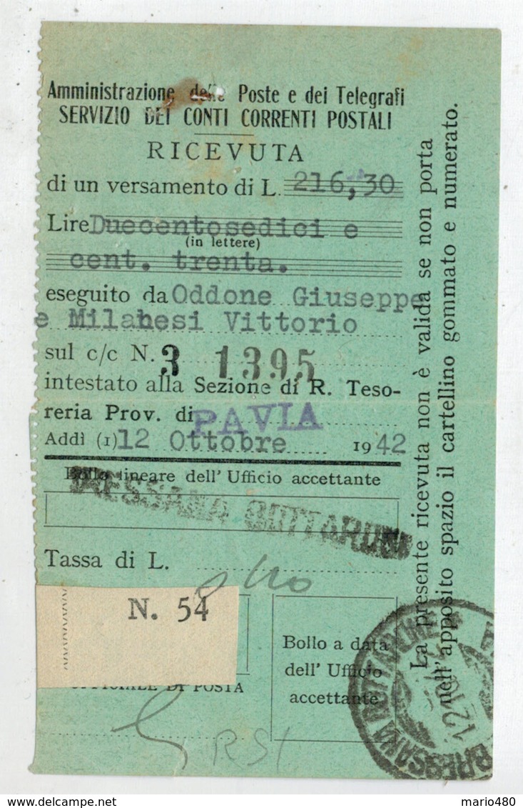 RICEVUTA  INVIO VERSAMENTO  A MEZZO  CONTO CORRENTE  POSTALE   1942      (VIAGGIATA) - Vaglia Postale