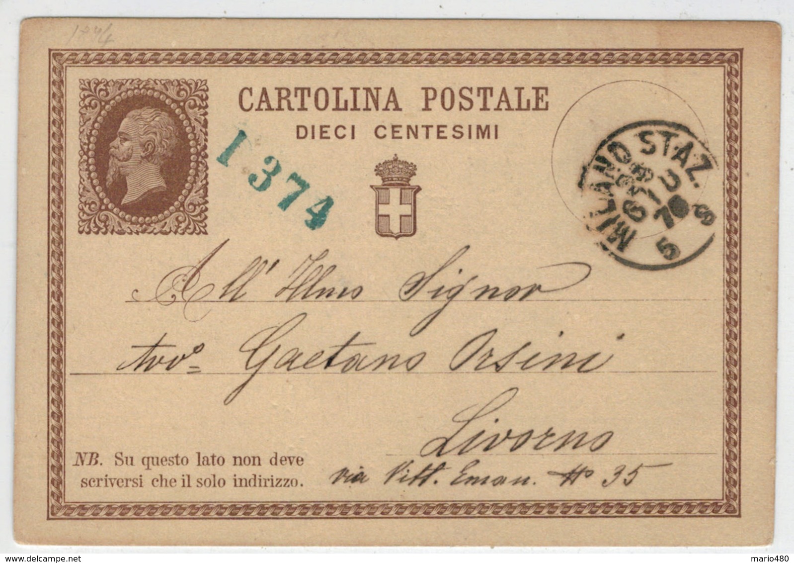 CARTOLINA  POSTALE   DIECI  CENTESIMI  PER  LIVORNO    1876   (VIAGGIATA) - Entero Postal